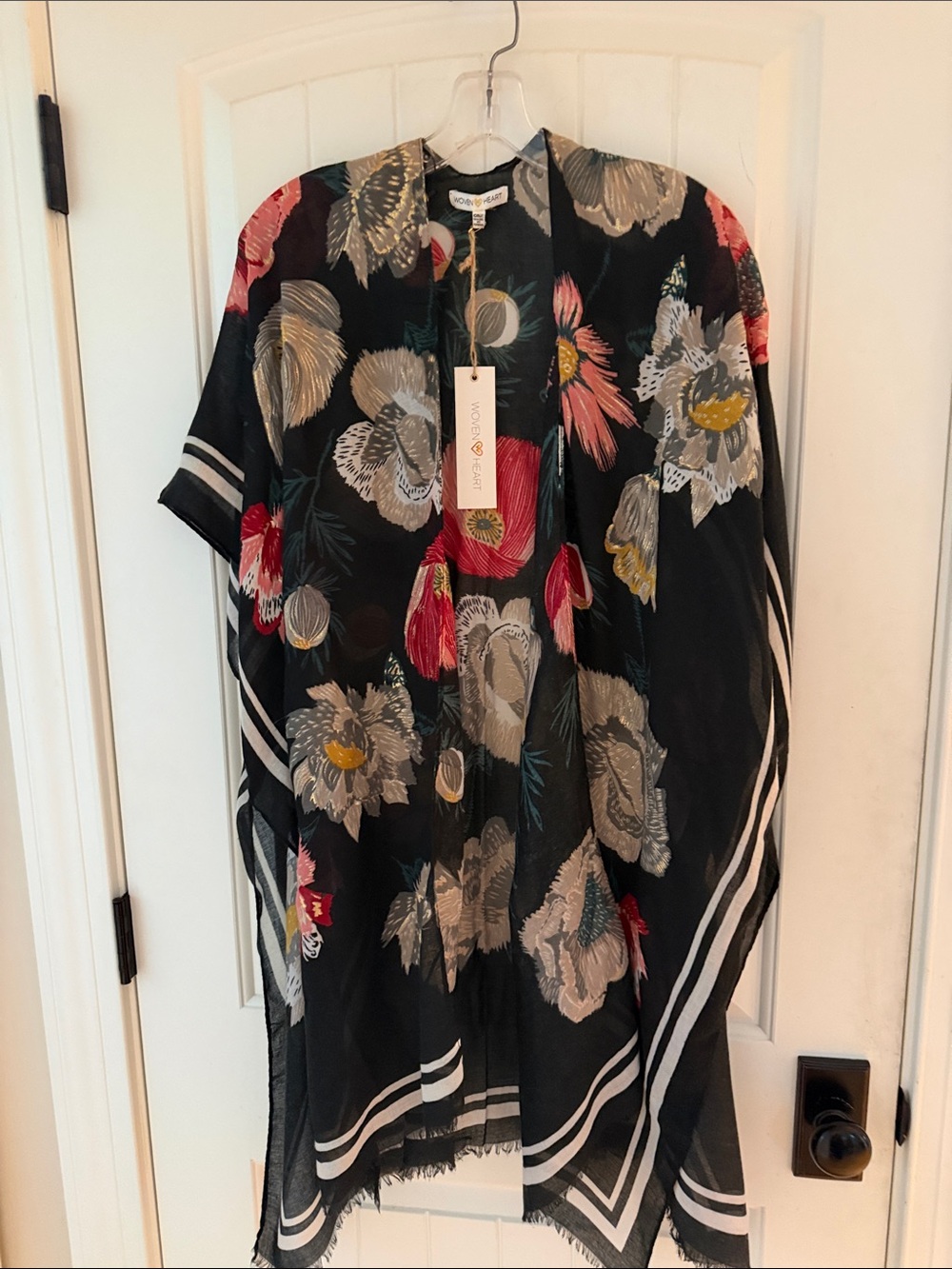Black Floral Kimono Cover-Up with Bold Floral Blooms One Size Fits All